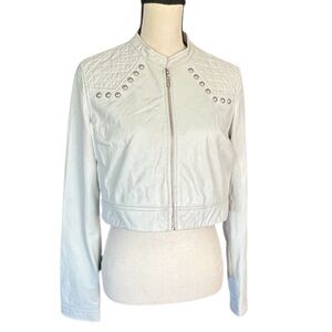 Affliction “Laila” cropped Leather Studded White Zipper Front Jacket